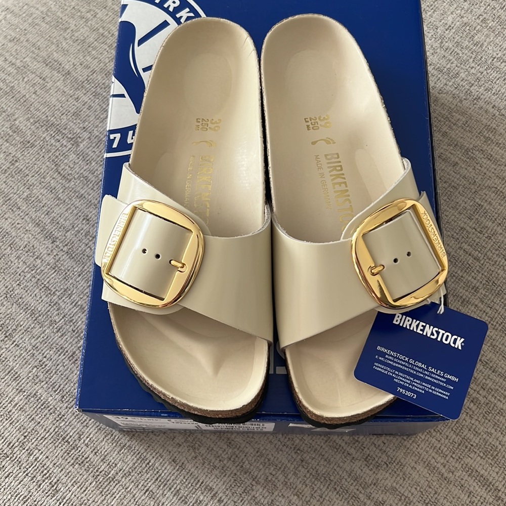 NWT Birkenstock Madrid High Shine Ecru Big Buckle Gold Beige Sandals - Picture 11 of 15